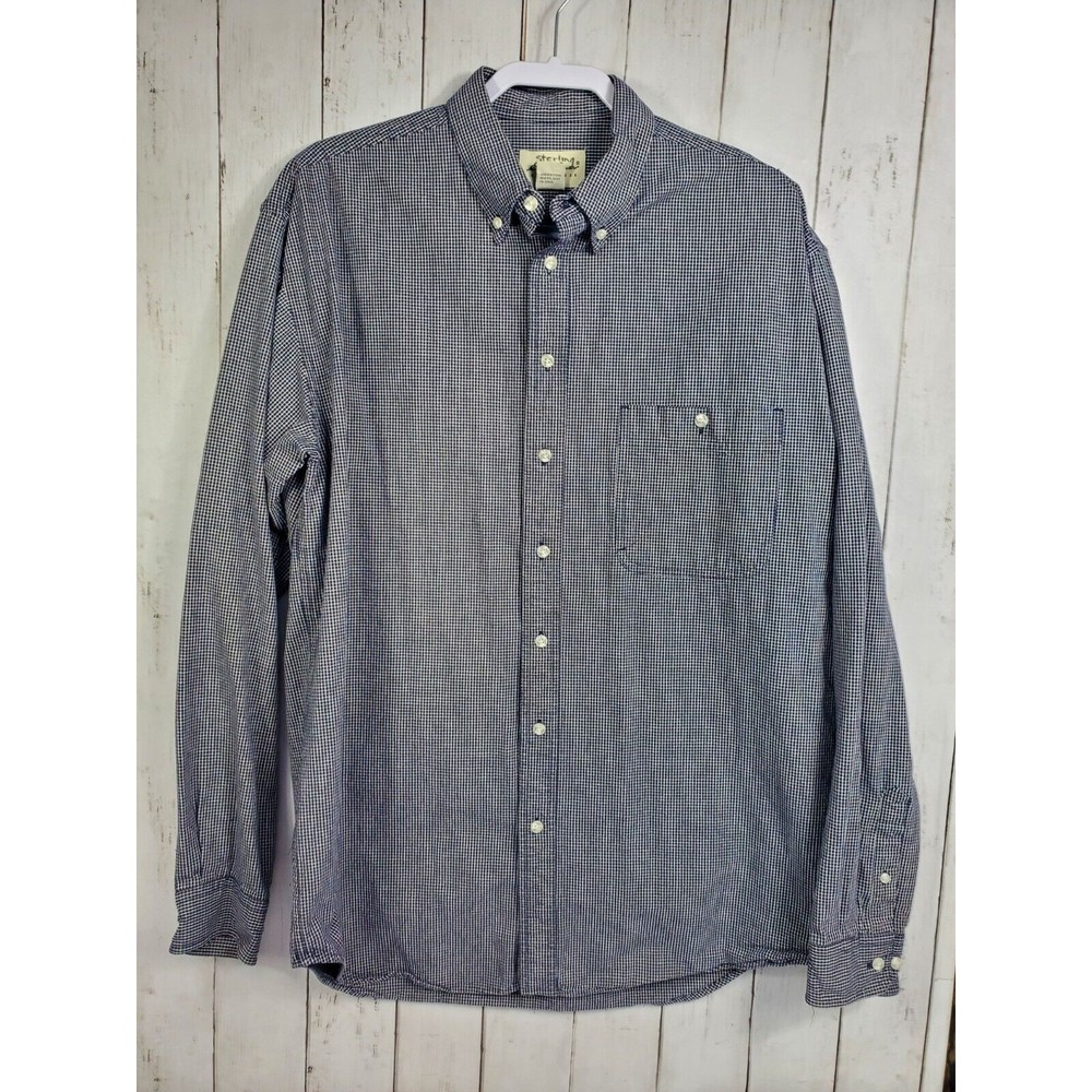 Eddie Bauer Button Down Long Sleeve Mens Sz L Navy Blue 100% Cotton Check Shirt